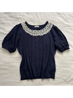 Axes Femme Navy Puff Sleeve Lace Knit Top Size M Japan